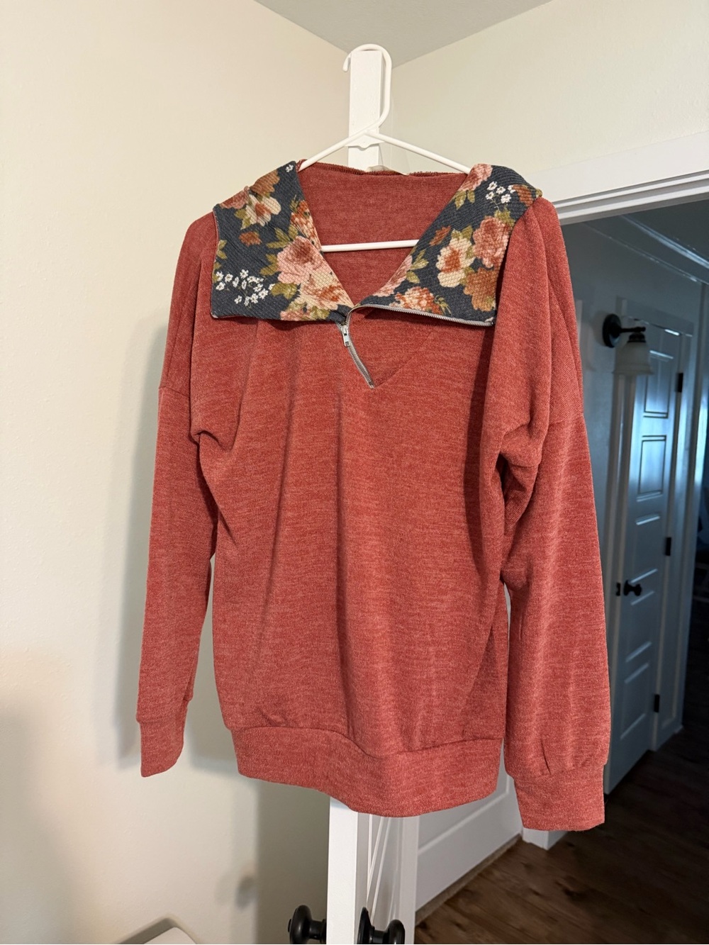Twenty Second Asymmetrical Zip Pullover Hoodie with Floral Trim Collar